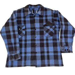 Vintage AK JAC Shirt Jacket Men's Large Flannel Blue Buffalo Plaid‎ Heavyweight